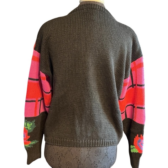 Vintage Gallagher Intarsia Knit Floral Cardigan Medium 1980s Shoulder Pads - Picture 2 of 9